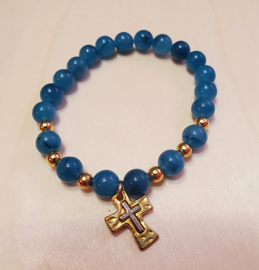 Venus Glam by Cardona Blue Semi-Precious Stones, Metal Gold Spacers, Gold Metal Cross Charm