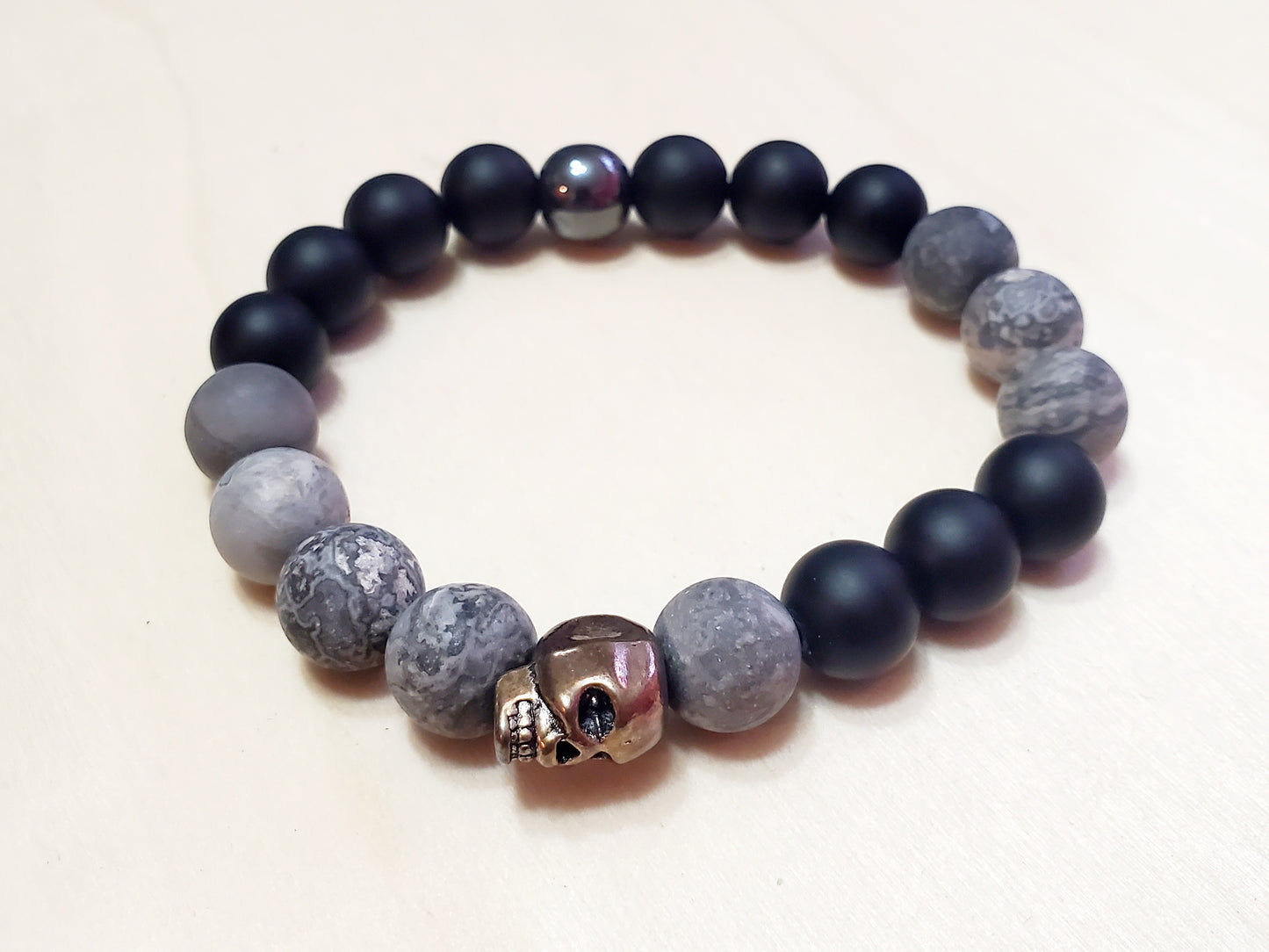 Venus Glam by Cardona Skull Head Bracelet, Black and Grey Semi-Precious Stone Beads.