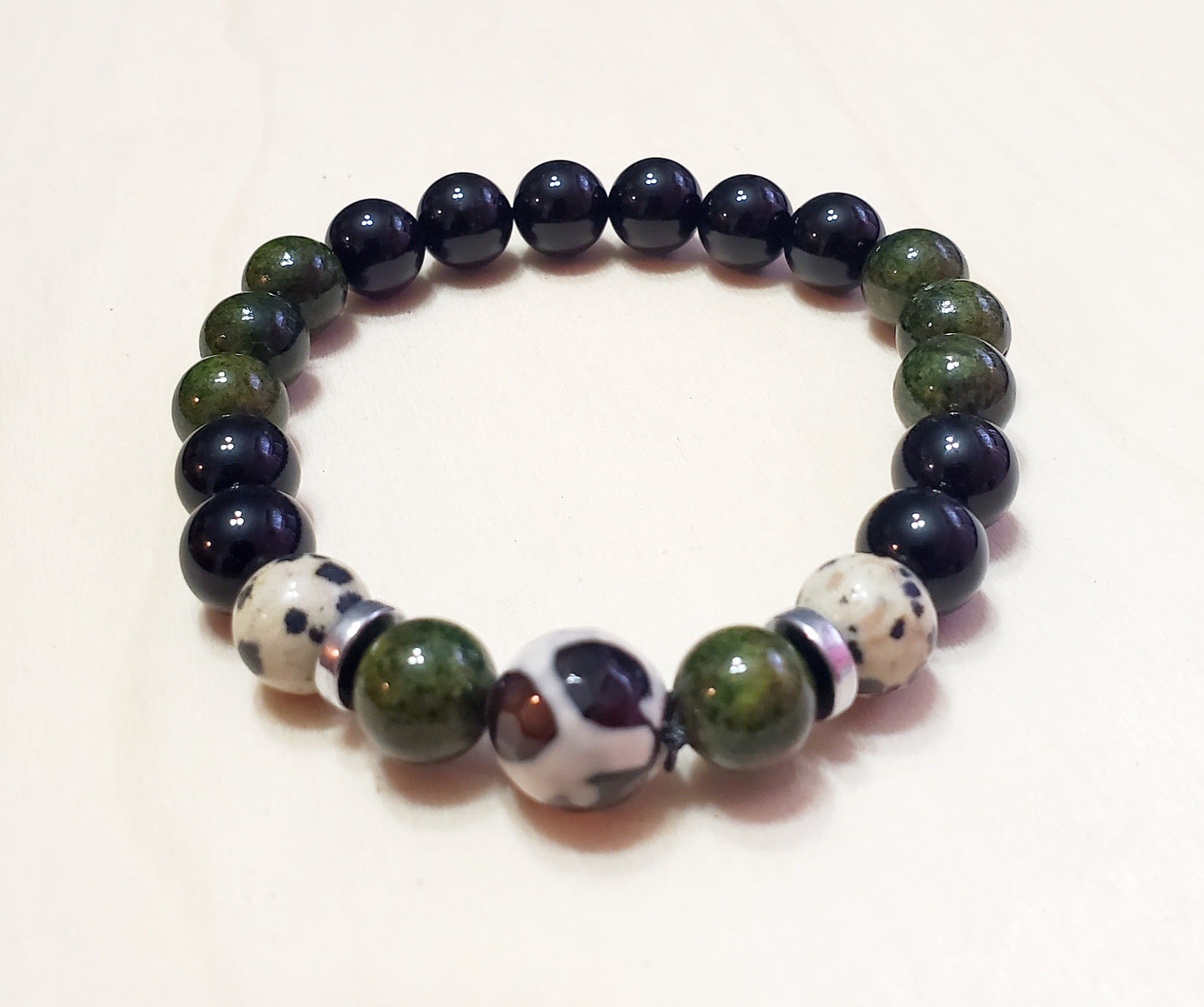 Venus Glam by Cardona Bracelet Black, Green and Speckled Beads with Dark and White patches