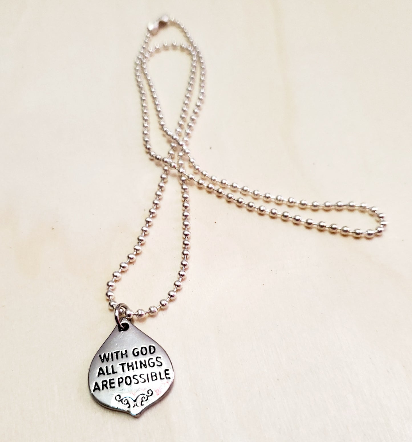 Venus Glam by Cardona 18" Silver Tone Metal Ball Chain with Pendant engraved "With God All Things Are Possible".