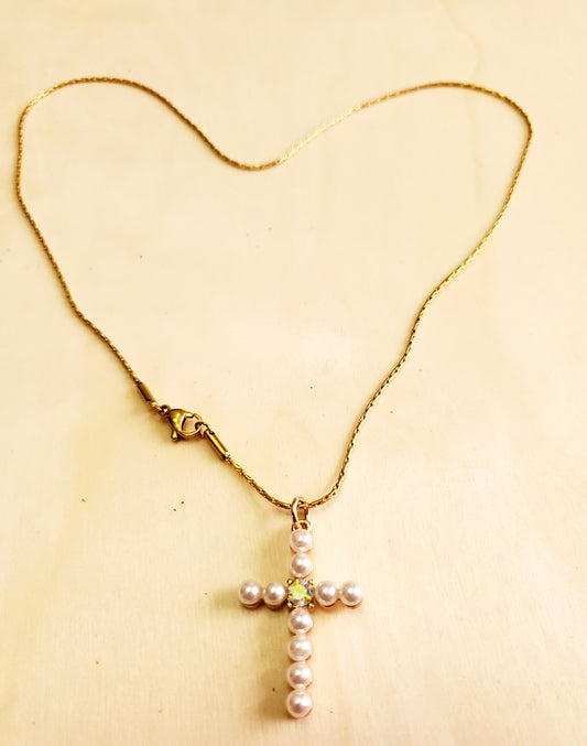 Venus Glam by Cardona 18K Gold Plated Necklace with faux Pearl Cross.