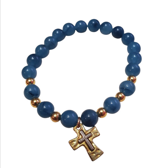 Venus Glam by Cardona Blue Semi-Precious Stones, Metal Gold Spacers, Gold Metal Cross Charm