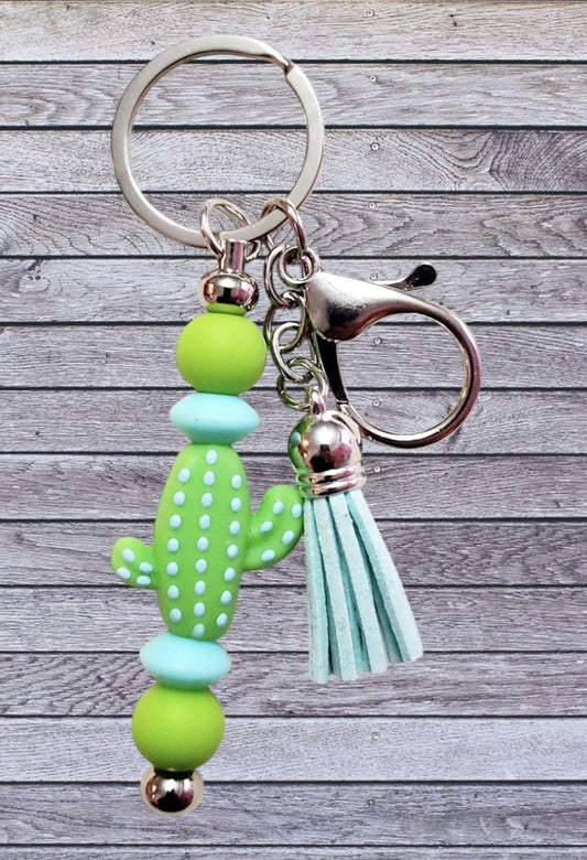 Venus Glam by Cardona Silicone Cactus Bag Tag Key Chain Pastel Green and Blue Tassel.