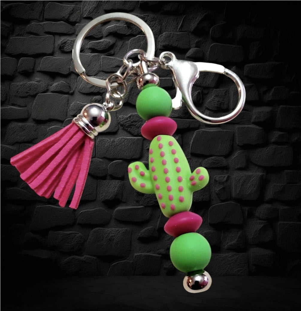 Venus Glam by Cardona Silicone Green Cactus Bag Tag Key Chain Red Tassel