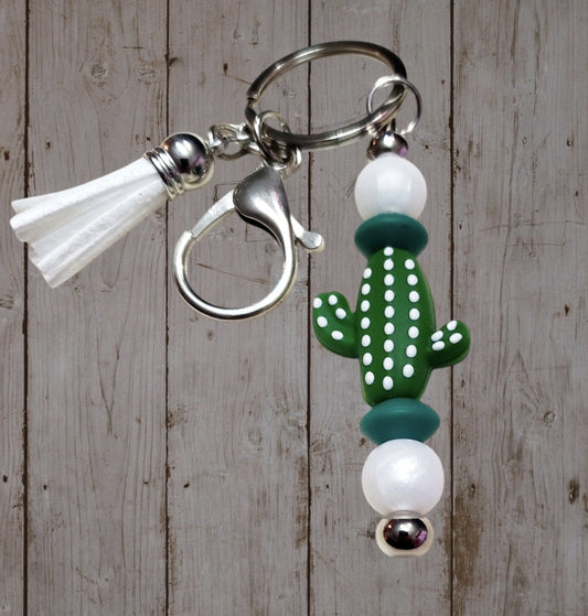 Venus Glam by Cardona Silicone Bag Tag Keychain Green Cactus White Bead